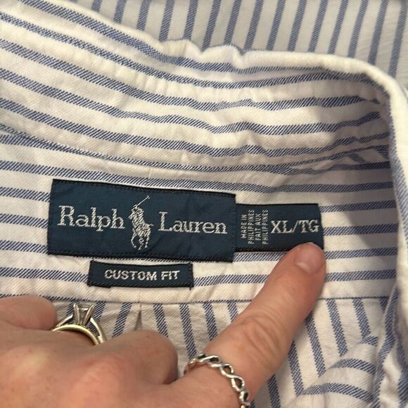 Ralph Lauren Custom Fit Blue Cotton Striped Dress Shirt Mens Size XL Color Pony - Picture 5 of 7